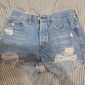 Distressed Light Blue Levi Denim Shorts